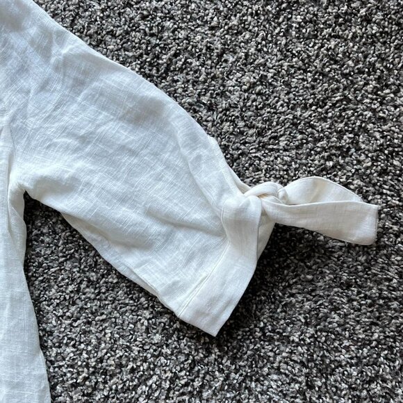 White Cream Linen Shirt with Tie-Cuff Sleeves, Small Laju Button-up Shirt - Picture 3 of 8